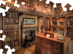 Regały, Książki, Biurko, Kominek, Biblioteka