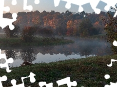 Rzeka, Jesień, Mgła, Drzewa