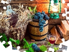 Gąsior, Butla, Wino, Beczka, Drewno, Kieliszek, Liście, Lampa naftowa, Winogrona