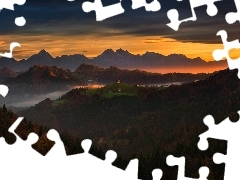 Góry, Alpy Julijskie, Mgła, Las, Zachód słońca, Praprot