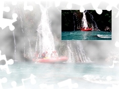 ponton , rzeka, wiosła , Rafting, wodospad, spływ
