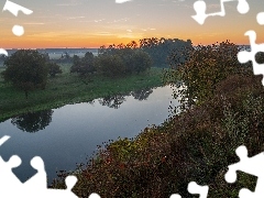 Łąka, Drzewa, Mgła, Trawa, Wschód słońca, Pola, Rzeka,