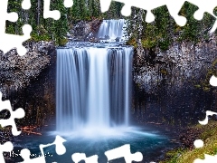 Skały, Las, Stany Zjednoczone, Drzewa, Stan Wyoming, Rzeka Bechler River, Wodospad Colonnade Falls, Park Narodowy Yellowstone