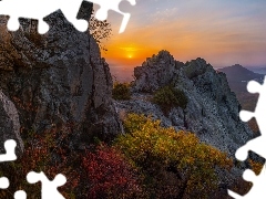 Zachód słońca, Skały, Kraj Stawropolski, Krzewy, Góry, 