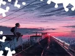 Kominy, Domy, Zachód słońca, Paint, Dziewczyna, Dach