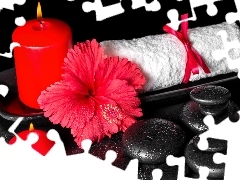 Świece, Kamienie, Tacka, Ręcznik, Hibiskus, Czerwone, SPA,