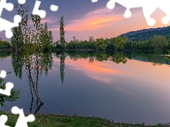 Jezioro, Drzewa, Wzgórza, Krzewy