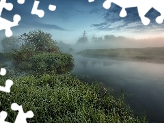 Rzeka, Cerkiew, Drzewa, Trawy, Mgła