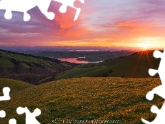 Wzgórza, Jezioro, Stany Zjednoczone, Park regionalny Dell Valle, Kalifornia, Dolina, Wschód słońca, Livermore