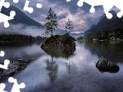 Skały, Góry Alpy, Bawaria, Drzewa, Jezioro Hintersee, Kami
