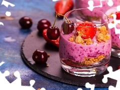 Jogurt, Pokruszone, Taca, Ciastka, Wiśnie, Szklanki, Deser, Truskawki