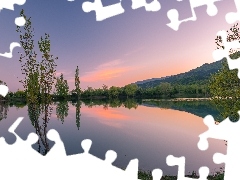 Drzewa, Odbicie, Jezioro, Góry, Poranek