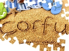 Morze, Wakacje, Piasek, Napis, Muszelki, Rozgwiazda, Klapki,