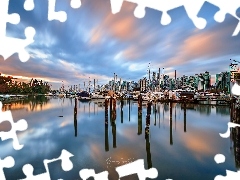 Żaglówki, Stanley Park Marina, Wieżowce, Jachty, Chmury, 