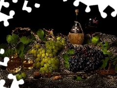 Karafka, Winogrona, Czarne tło, Kompozycja, Wino, Butelka
