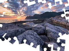 Skały, Zachód słońca, Wyspa Senja, Norwegia, Tungeneset, Morze Północne