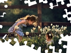 Tulipany, Płot, Dziewczynki, Białe, Dzieci