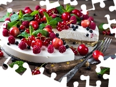 Owoce, Wiśnie, Widelec, Maliny, Nóż, Sernik, Ciasto, Porzeczki