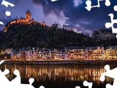 Statki, Domy, Miasto Cochem, Rzeka Mozela, Zamek Reichsburg, Światła, Niemcy