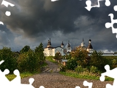 Drzewa, Klasztor, Rosja, Monaster Terapontowski, Obwód wołogodzki, Chmury, Droga, Wieś Ferapontovo