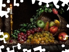 Owoce, Kosz, Winogrona, Jabłka, Świeca, Kompozycja, Banan, Gruszki, Cytryna