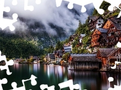 Jezioro Hallstattersee, Austria, Hallstatt, Domy, Miasteczko