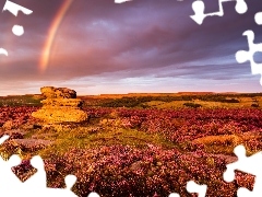 Skały, Zachód słońca, Anglia, Tęcza, Hrabstwo Derbyshire, Wzgórza, Wrzosowisko, Park Narodowy Peak District