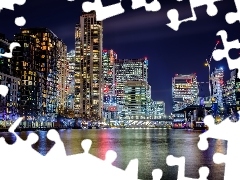 Miasto, Dok, Anglia, Millwall Dock, Londyn, Domy, Noc, Dzielnica Canary Wharf