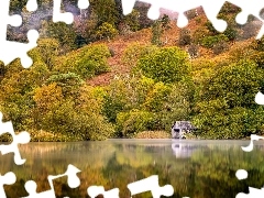 Chata, Jezioro, Drzewa, Kumbria, Odbicie, Jesień, Las, Angl