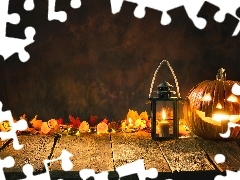 Lampion, Świecąca, Liście, Dynia, Halloween, Świeczki, Deski