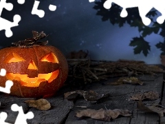 Noc, Halloween, Deski, Liście, Dynia