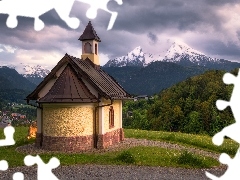 Chmury, Alpy, Kapliczka, Bawaria, Kirchleitn Kapelle, Góry, Lasy, Niemcy, Berchtesgaden, Domy