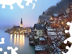Domy, Jezioro Hallstattersee, Alpy, Miasto Hallstatt, Austri