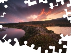 Jezioro, Rośliny, Wschód słońca, Chmury, Poranek