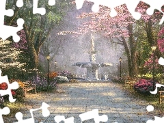 Alejka, Park Forsyth, Ławki, Stany Zjednoczone, Thomas Kinkade, Azalie, Obraz, Drzewa, Georgia, Malarstwo, Fontanna Forsyth, Latarnie, Savannah