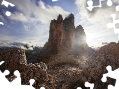 Tre Cime di Lavaredo, Cima Ovest, Włochy, Cima Grande, Promienie słońca, Dolomity, Góry, Cima Piccola