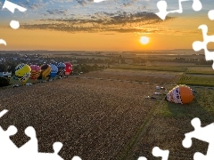 Balony, Drzewa, Wschód słońca, Pole