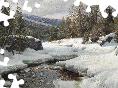 Zima, Obraz, Drzewa, Peder Mork Monsted, Malarstwo, Rzeka, G