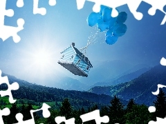 Góry, Las, Fotomontaż, Wzgórza, Wschód słońca, Balony,