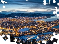 Domy, Bergen, Góry, Świt, Morze, Norwegia, Zima, Chmury, Światła, Miasto