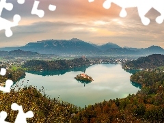 Chmury, Mgła, Drzewa, Jezioro Bled, Alpy Julijskie, Roślin