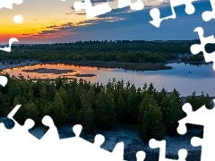 Wschód słońca, Jezioro, Lasy, Chmury