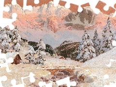 Rzeka, Zima, Ośnieżone, Most, Drzewa, Alois Arnegger, Obra