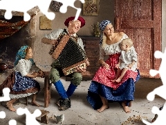 Mama, Rodzina, Izba, Akordeon, Dzieci, Dziadek