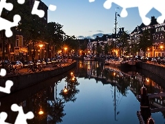 Groningen, Holandia, Latarnie, Kanał, Domy