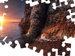 Brzeg, Skały, Zachód słońca, Morze