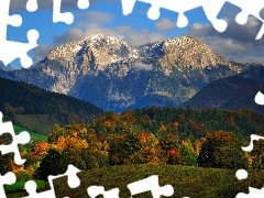 Las, Chmury, Drzewa, Góry, Jesień, Jesienne, Rośliny