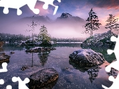 Alpy, Góry, Berchtesgaden, Drzewa, Śnieg, Bawaria, Kamieni