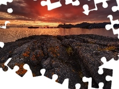 Wyspa Senja, Norwegia, Morze, Skały, Zachód słońca