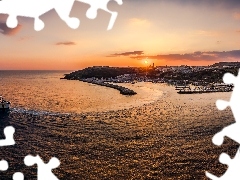 Statek, Morze, Wyspa Gozo, Malta, Mgarr, Zachód słońca